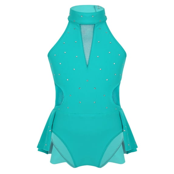 YONGHS Kids Girls Sparkly Rhinestone Ice Figure Skating Dress Ballet Dance Skirted Leotard Turquoise 10