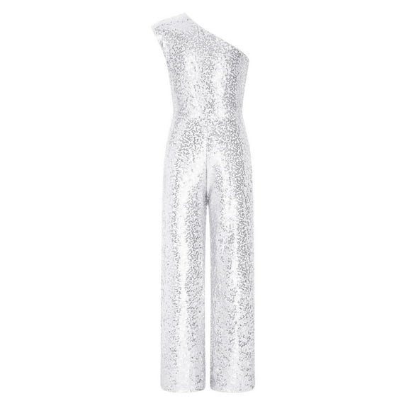 YONGHS Kids Girls Sparkly Sequin Long Pants Jumpsuit Sleeveless One Shoulder Dance Party Prom Romper Silver 12