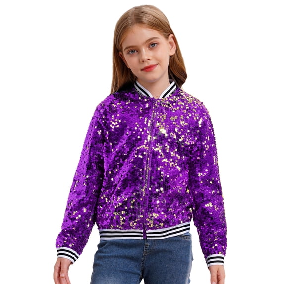 YONGHS Kids Girls Sparkly Sequins Baseball Coat Long Sleeve Disco Dance Party Bomber Jacket Purple 16