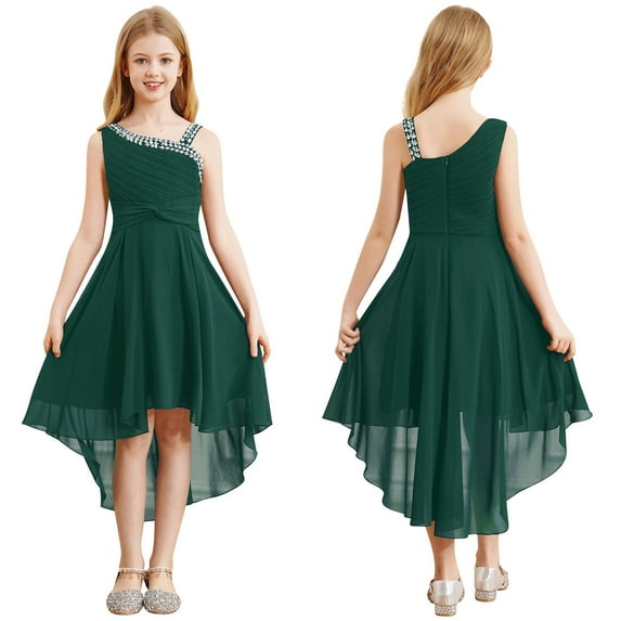 YONGHS Kids Girls Sparkly Sequins Wedding Party Dress Sleeveless Ruched Flower Girl High-Low Dress Army Green 6