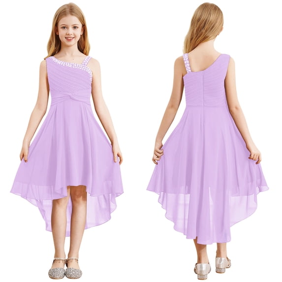 YONGHS Kids Girls Sparkly Sequins Wedding Party Dress Sleeveless Ruched Flower Girl High-Low Dress Lavender 16