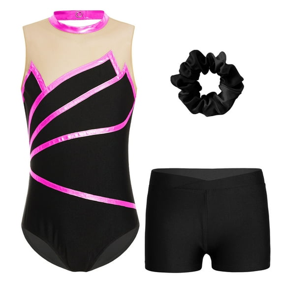 YONGHS Kids Girls Sport Dance Outfits Ballet Dance Leotard with Athletic Shorts Dancewear Hot Pink 4