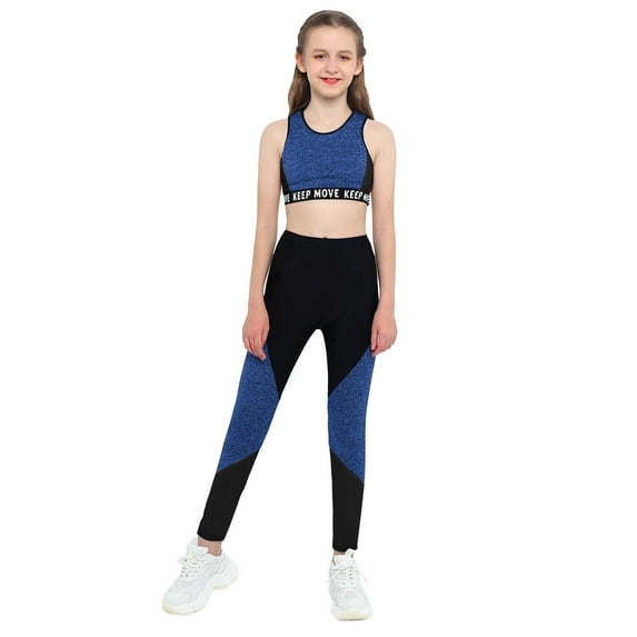 YONGHS Kids Girls Sport Tracksuits Sleeveless Letter Tank Tops + Legging Gymnastics Outfits Blue Black 16