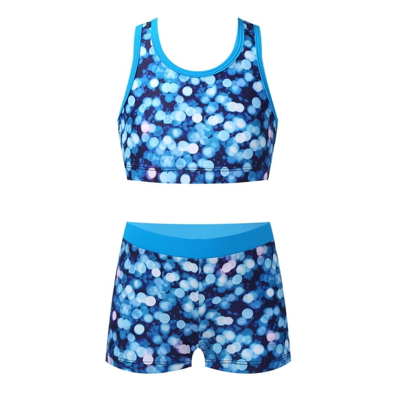 YONGHS Kids Girls Sports Dance Outfit Y-Shaped Back Crop Tops with Booty Shorts Set A Blue 10