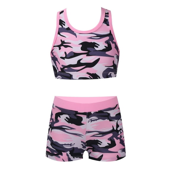YONGHS Kids Girls Sports Dance Outfit Y-Shaped Back Crop Tops with Booty Shorts Set Camouflage Pink 8