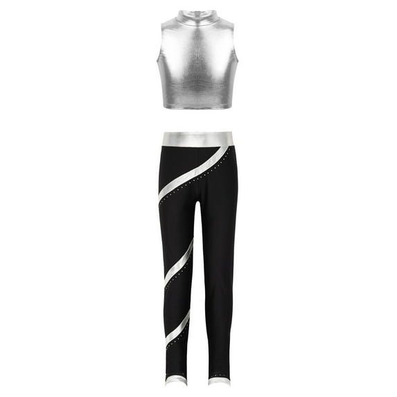 YONGHS Kids Girls Stage Performance Workout Outfits Metallic Vest with Rhinestones Striped Pants Set Silver 12