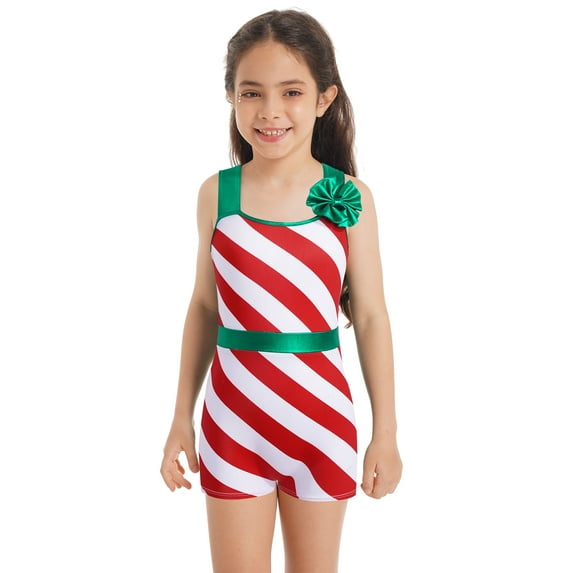 YONGHS Kids Girls Striped Jumpsuit Candy Cane Christmas Leotard Ballet Gymnastics Bodysuit