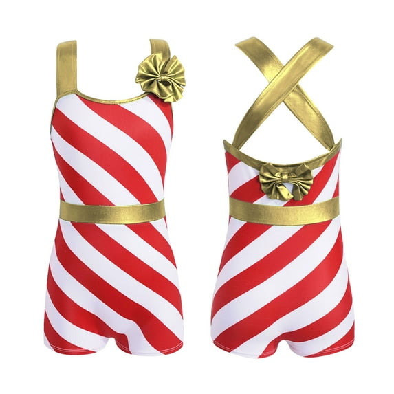 YONGHS Kids Girls Striped Jumpsuit Candy Cane Christmas Leotard Ballet Gymnastics Bodysuit