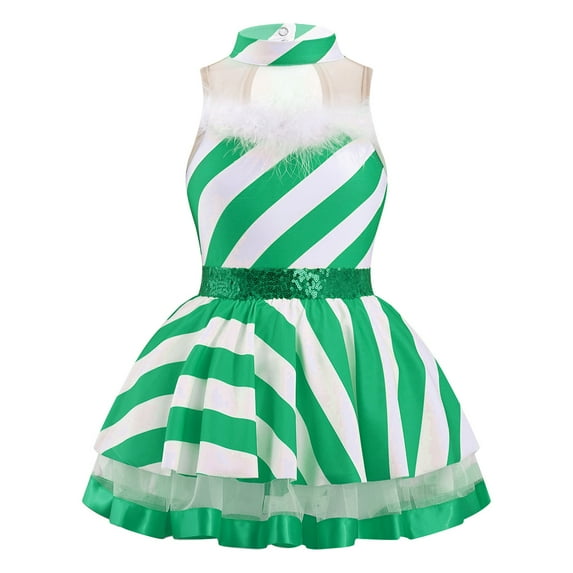 YONGHS Kids Girls Striped Tutu Dance Dress Christmas Figure Skating Dresses 4-16 Green 6