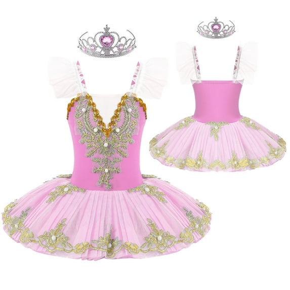 YONGHS Kids Girls Swan Lake Ballet Tutu Dress Camisole Skirted Leotard Dancewear 3-12 Type A Pink 3-4