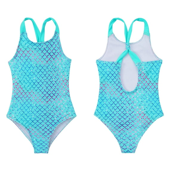 YONGHS Kids Girls Swimsuit Criss Cross Back One Piece Swimming Bathing Suit Beachwear Flash Fish Scales Green 4