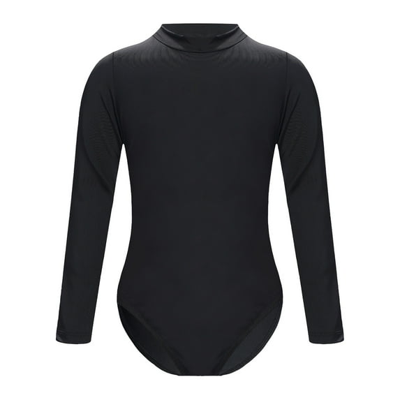 YONGHS Kids Girls Team Basic Gymnastics Ballet Dance Leotards Long Sleeves Nude Undergarment Leotard Black Mock Neck 9-10