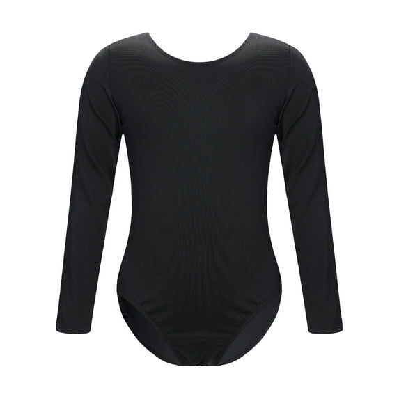 YONGHS Kids Girls Team Basic Gymnastics Ballet Dance Leotards Long Sleeves Nude Undergarment Leotard Black Round Neck 5-6
