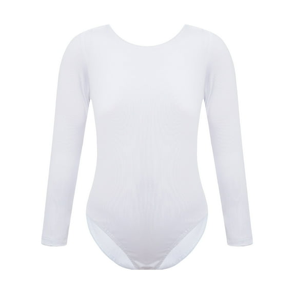 YONGHS Kids Girls Team Basic Gymnastics Ballet Dance Leotards Long Sleeves Nude Undergarment Leotard White Round Neck 9-10