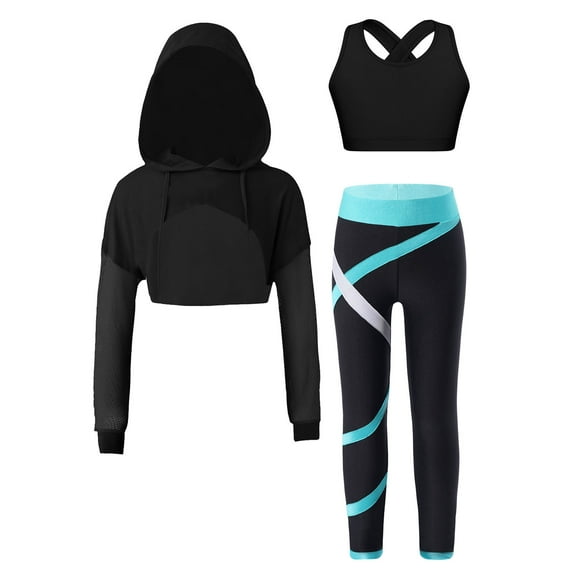 YONGHS Kids Girls Tracksuits 3 Pieces Sport Bras Vest Crop Tops with Athletic Leggings Active Set Blue Green 16