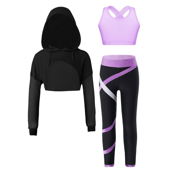 YONGHS Kids Girls Tracksuits 3 Pieces Sport Bras Vest Crop Tops with Athletic Leggings Active Set Lavender 14