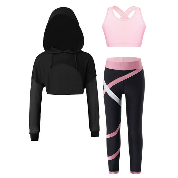 YONGHS Kids Girls Tracksuits 3 Pieces Sport Bras Vest Crop Tops with Athletic Leggings Active Set Pink 12