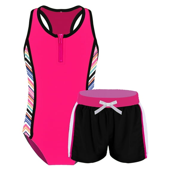YONGHS Kids Girls Two Piece Athletic Swimsuit Racer Back Jumpsuit with Boyshorts Bathing Suit Wave 8