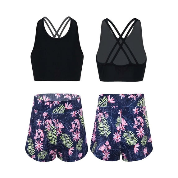 YONGHS Kids Girls Two-Piece Sport Suit Rear back Cross Top Shorts Set 4-16 Navy Blue 14