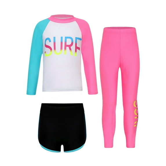 YONGHS Kids Girls UPF 50+ Long Sleeve Swimwear UV Sun Protection Swimsuit Athletic Surf Swimwear White Pink 11-12