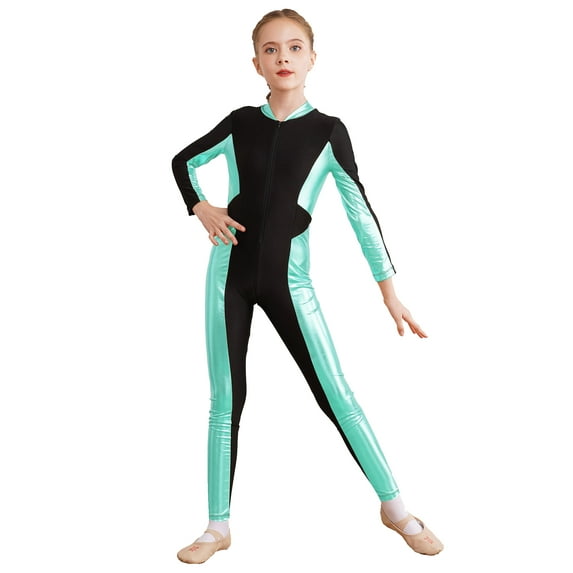 YONGHS Kids Girls Unitard Long Sleeve Zipper Metallic Skating Dance Jumpsuit Full Body Bodysuit Blue Green 6