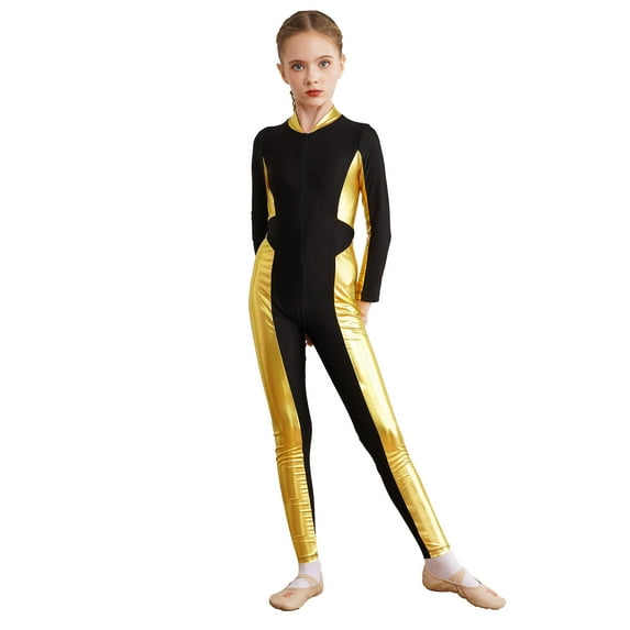YONGHS Kids Girls Unitard Long Sleeve Zipper Metallic Skating Dance Jumpsuit Full Body Bodysuit Gold 6