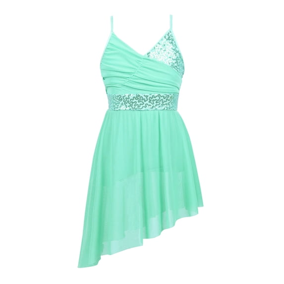 YONGHS Kids Girls V-Neck Sequined Ballet Lyrical Dance Dress Camisole Leotard Dancewear 5-14 Light Green XXL