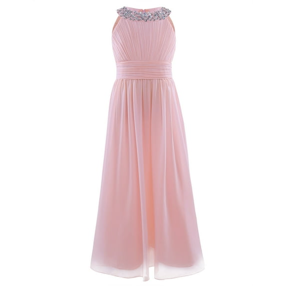 YONGHS Kids Girls Wedding Bridesmaid Dress Sleeveless Halter Neck Chiffon Long Ball Gown 4-16 A Pearl Pink 10