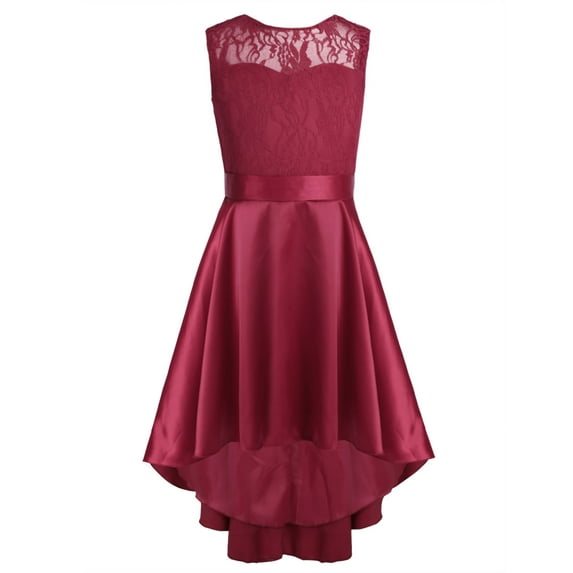 YONGHS Kids Satin High-Low Floral Lace Flower Girls Dess Wedding Bridesmaid Party Ball Gowns Burgundy 6