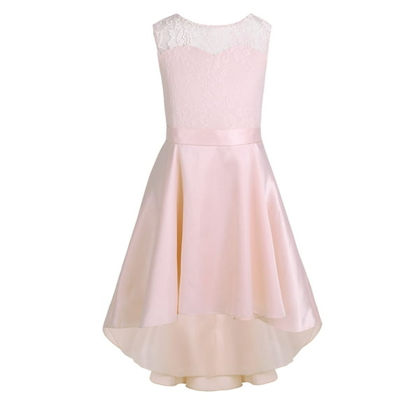 YONGHS Kids Satin High-Low Floral Lace Flower Girls Dess Wedding Bridesmaid Party Ball Gowns Pearl Pink 4