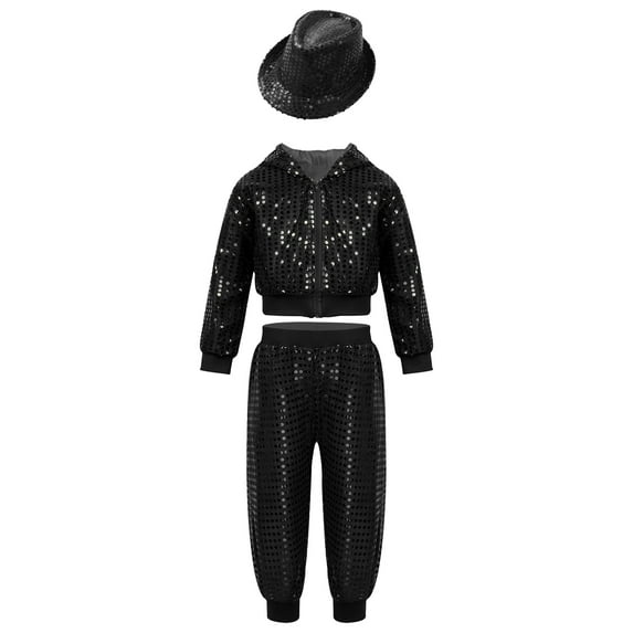 YONGHS Kids Sequin Performance Jazz Hip Hop Dance Outfits Long Sleeve Jacket Top with Pants Hat Set Black 7-8