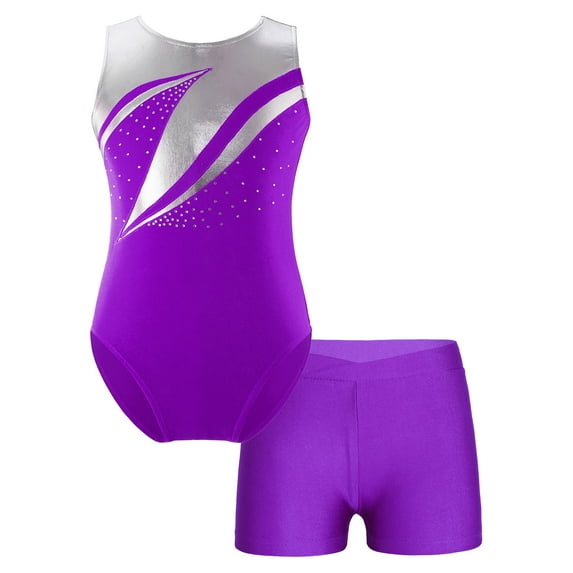 YONGHS Leotards for Girls Sleeveless Ballet Dance Unitard Workout Outfits with Shorts Gymnastics Biketards Purple 6
