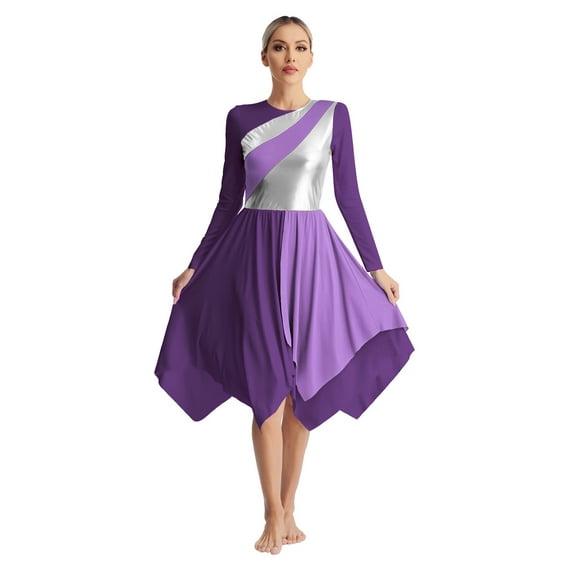 YONGHS Lyrical Dance Dress for Women Metallic Patchwork Asymmetrical Liturgical Praise Dance Tunic Purple XL