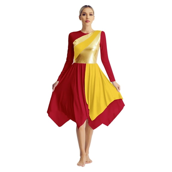 YONGHS Lyrical Dance Dress for Women Metallic Patchwork Asymmetrical Liturgical Praise Dance Tunic Yellow&Red XL
