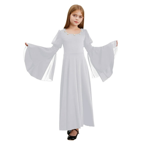 YONGHS Medieval Princess Costume for Girls Chiffon Bell Long Sleeve Maxi Gown Renaissance Dress White 12