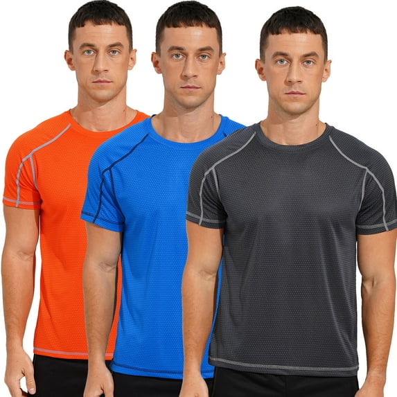 YONGHS Men 3 Piece Rash Guard Swim Shirts Quick Dry Moisture Wicking Workout Running Top Activewear Dark Grey&Lake Blue&Orange 6XL