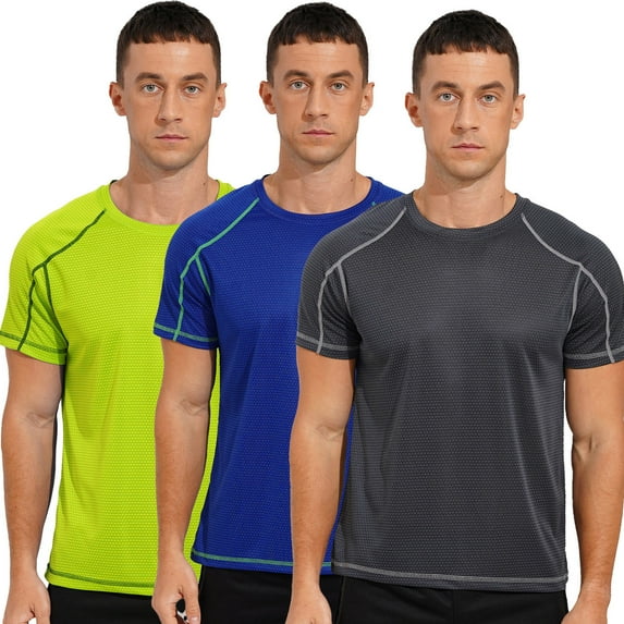 YONGHS Men 3 Piece Rash Guard Swim Shirts Quick Dry Moisture Wicking Workout Running Top Activewear Dark Grey&Royal Blue&Fluorescent Green L