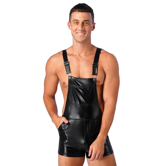 YONGHS Men Shiny Metallic Shoulder Straps Bib Overall Suspender Jumpers Shorts Hot Pants Bodysuit Black XL