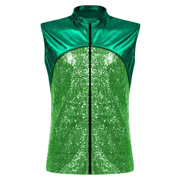 YONGHS Men Shiny Metallic Sleeveless Jacket Vest Jazz Waistcoat Costume for Stage Performance Green L