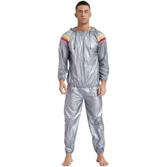 YONGHS Men's Anti-Rip Sauna Suit Weight Loss Sweat Suit Training Gym Workout with Jacket Hood Type A Silver S