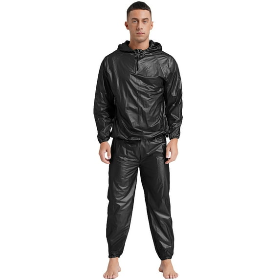 YONGHS Men's Anti-Rip Sauna Suit Weight Loss Sweat Suit Training Gym Workout with Jacket Hood Type B Black 4XL