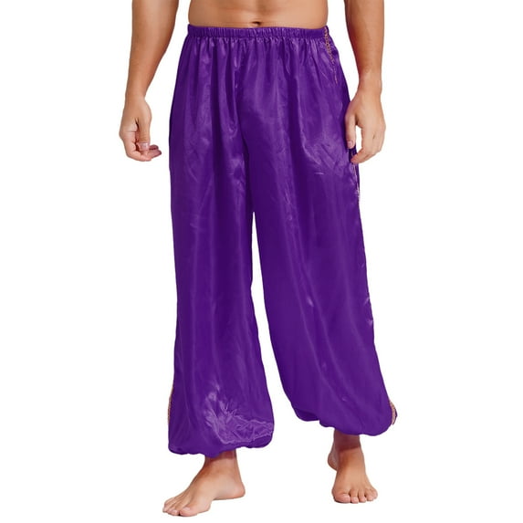 YONGHS Men's Arabian Prince Satin Pants Elastic Waistband Loose Bloomers Trousers Costumes Purple XL