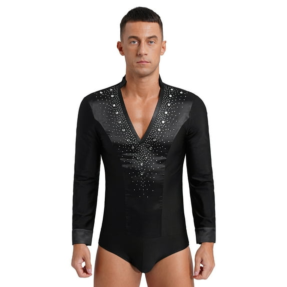 YONGHS Men's Latin Dance Shirts Rhinestones Long Sleeve Salsa Modern Dance Figure Skating Leotard Romper Black M