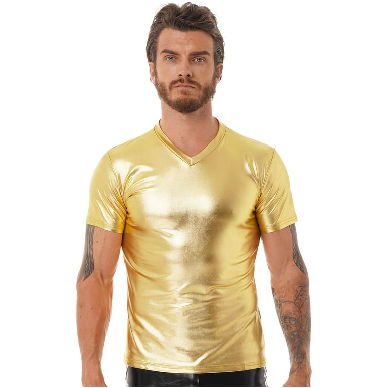 YONGHS Men's Liquid Shiny Metallic V-Neck Short Sleeve T