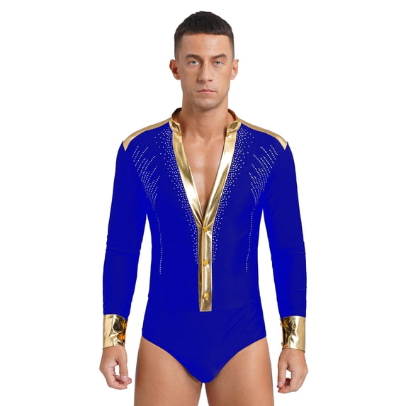 YONGHS Men's Long Sleeve Shiny Rhinestones Romper Shirt Ballroom Modern Latin Dance Bodysuit Leotard Blue XL