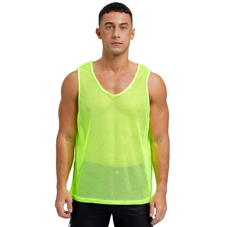 YONGHS Men s Mesh See Through Fishnet Muscle Tank Top Sleeveless Workout T Shirt Night Club Tops Clubwear Fluorescent Green L