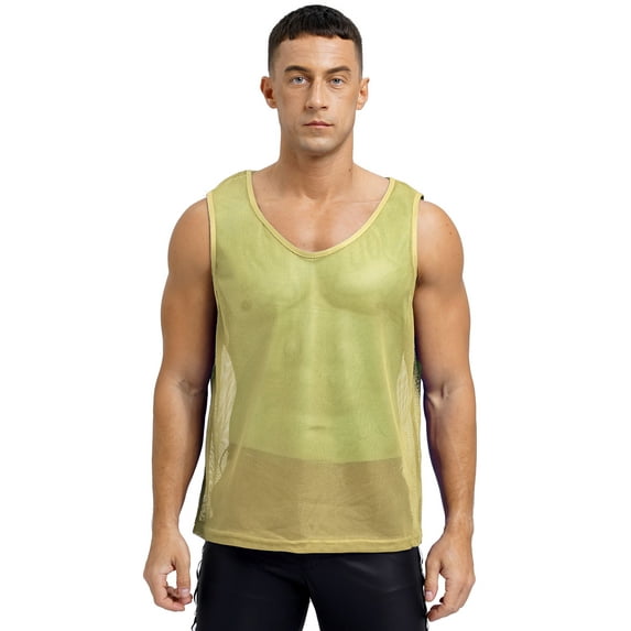 YONGHS Men's Mesh See Through Fishnet Muscle Tank Top Sleeveless Workout T-Shirt Night Club Tops Clubwear Gold L