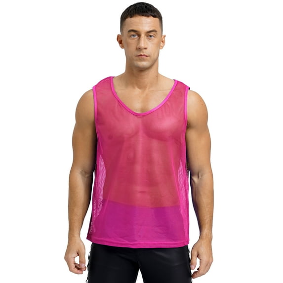 YONGHS Men's Mesh See Through Fishnet Muscle Tank Top Sleeveless Workout T-Shirt Night Club Tops Clubwear Hot Pink L