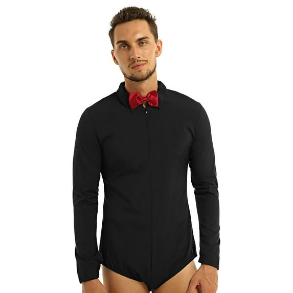 YONGHS Men's One-Piece Long Sleeve Bow Tie Shirt Top Leotard Modern Dance Latin Tango Bodysuit Black 3X-Large
