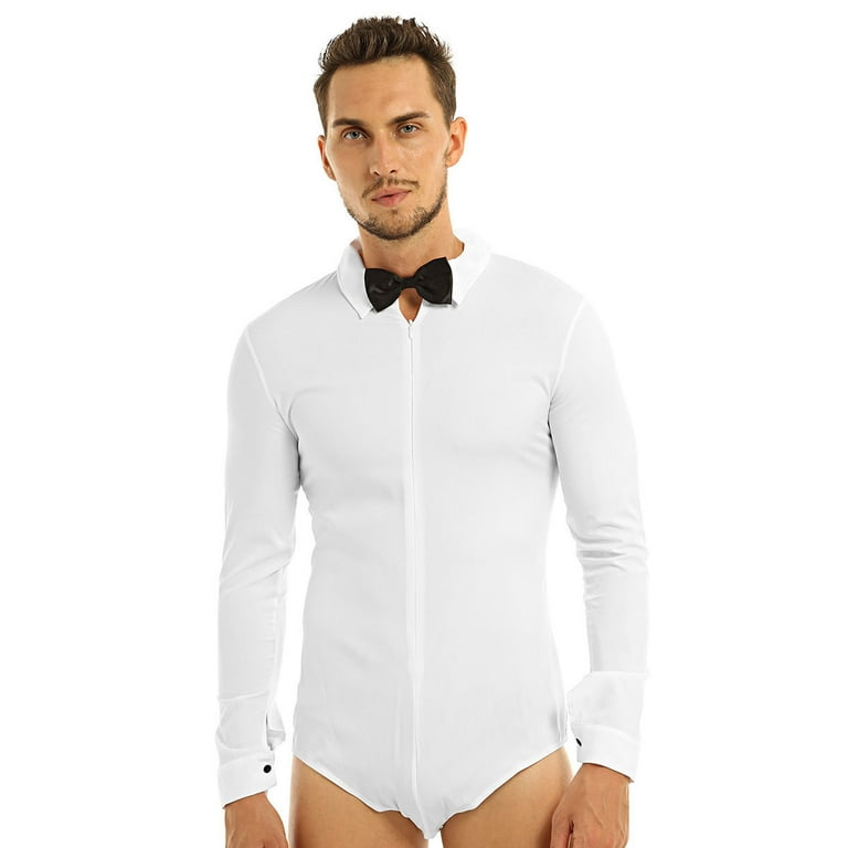 YONGHS Men's One-Piece Long Sleeve Bow Tie Shirt Top Leotard